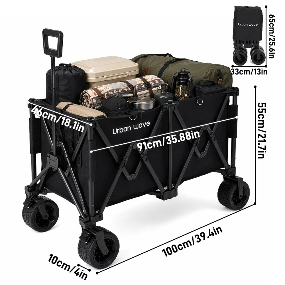 Heavy-Duty Folding Beach Cart - 680LBS Capacity, LargeAll-Terrain Sand Wheels, Cup Holder, 360° Maneuverability -Ideal for Camping, Gardening, Outdoor Sports EquipmentTransport
