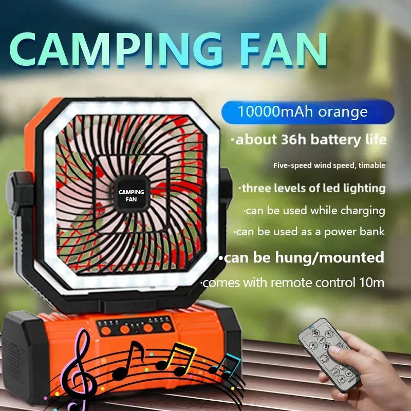 Outdoor Camping Fan With Bluetooth Speaker 20000mAh Battery And Hook