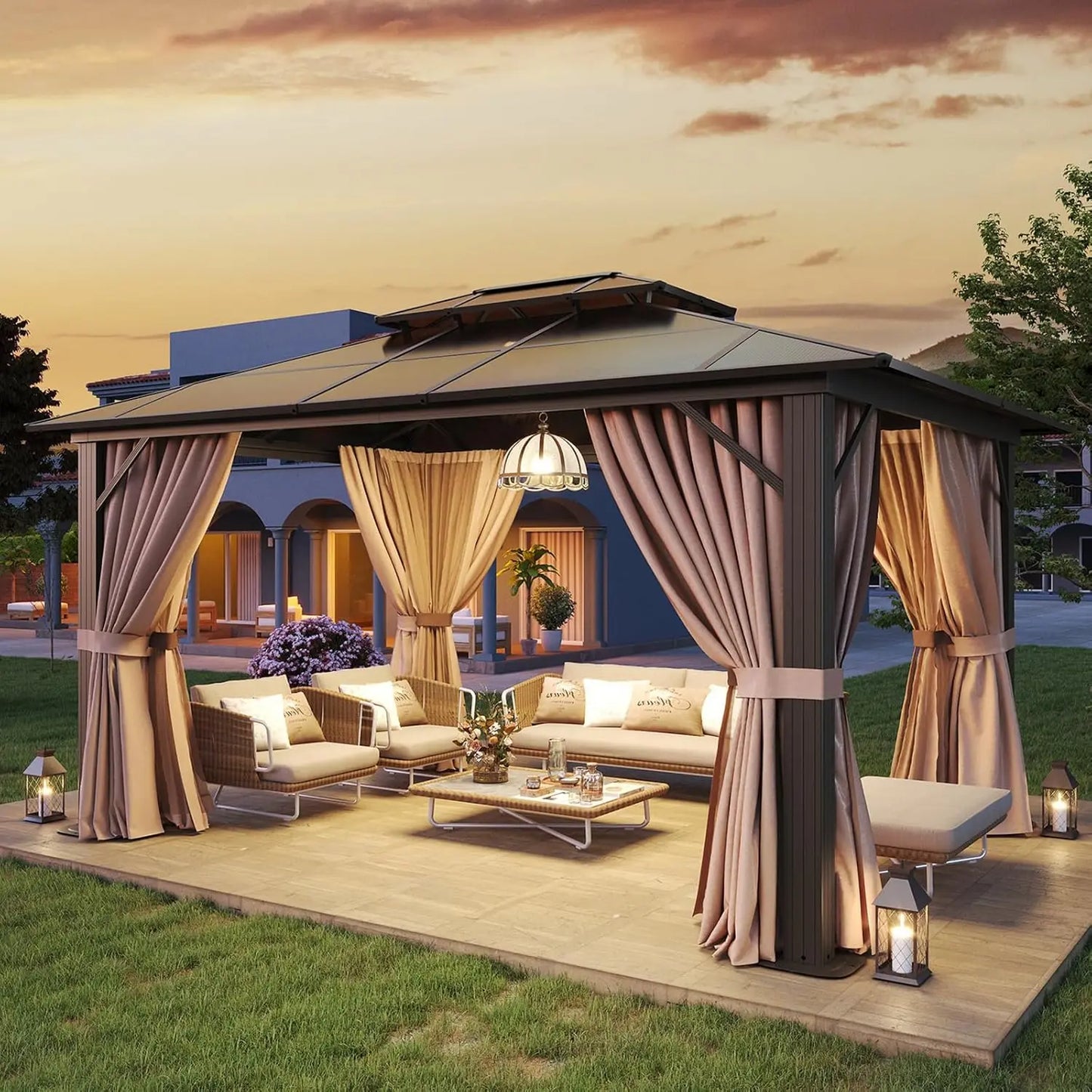 12x10 Hardtop Gazebo Aluminum Frame Polycarbonate Double Roof Curtains Netting Garden Lawn Patio Custom