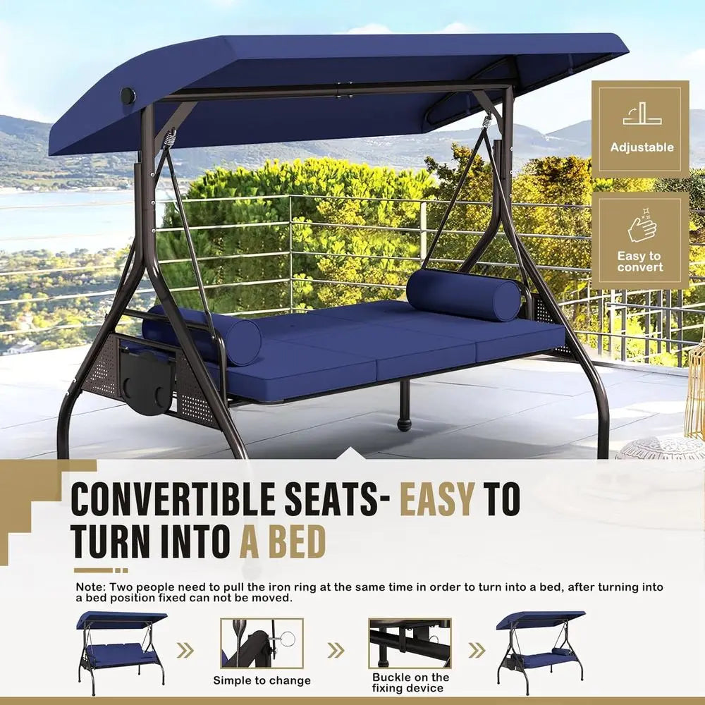 Three Seat Outdoor Porch Swing With Cushions And Cup Holders