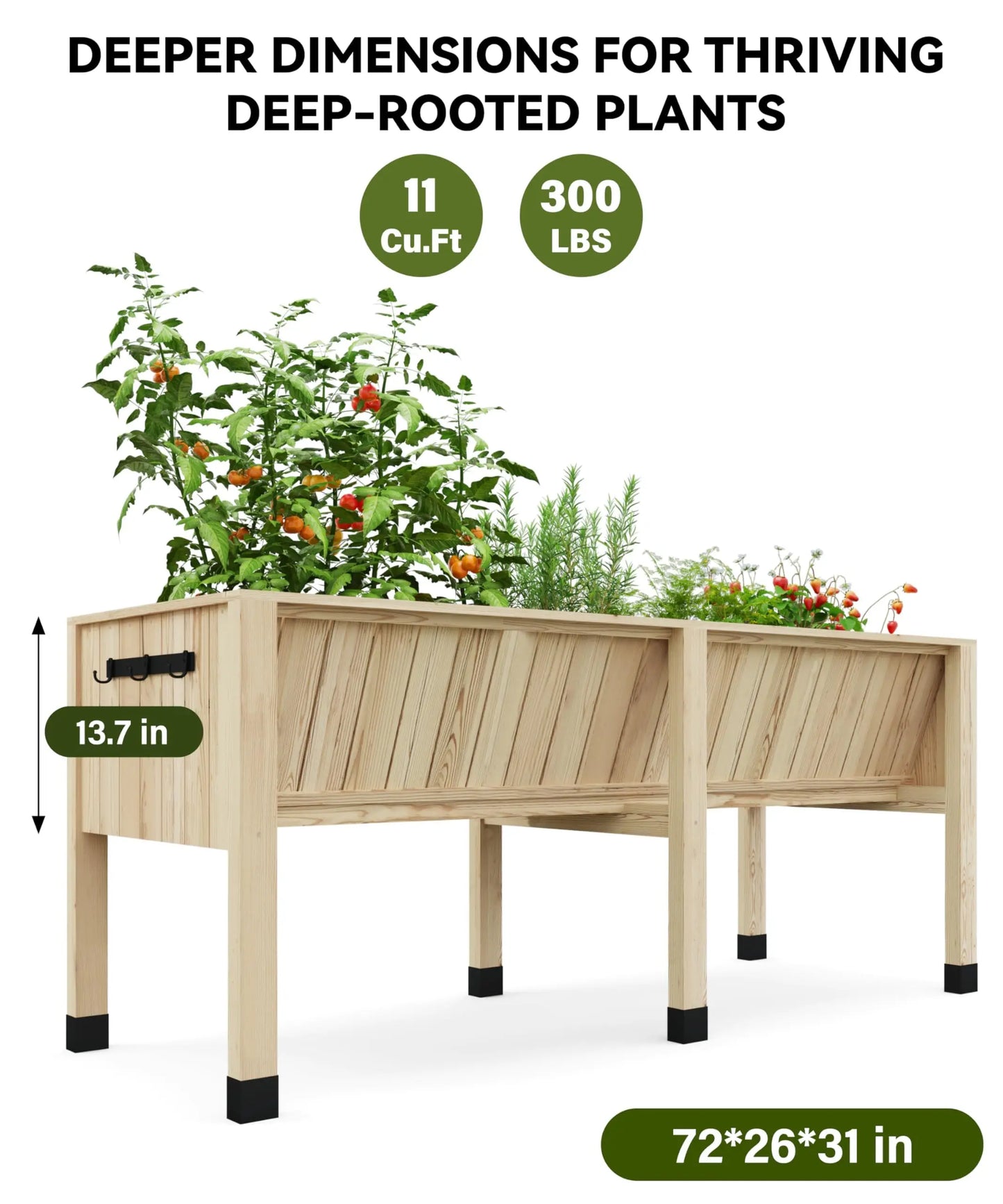 HiMISS Raised Wooden Garden Bed With Tool Hooks And Legs