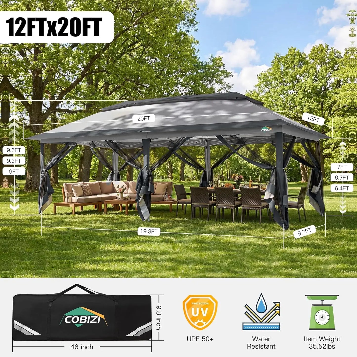 12x20ft Pop Up Canopy Tent Pavilion With Mosquito Netting Outdoor Screened Gazebo Shelter For Patio And Backyard Commercial Party Tent With Mesh Wall
