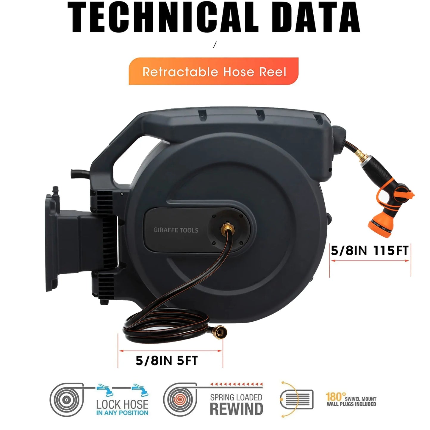Giraffe Tools Retractable Garden Hose Reel AW50 Wall Mounted