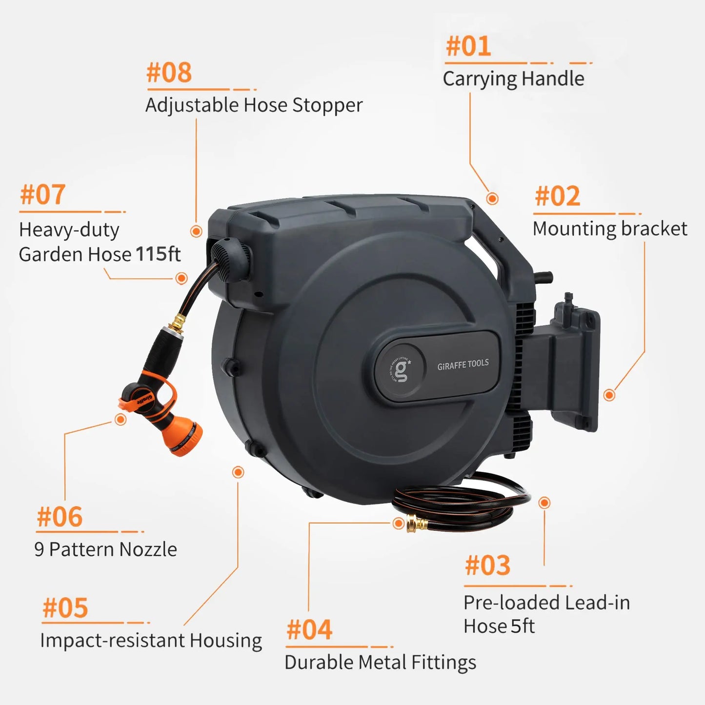 Giraffe Tools Retractable Garden Hose Reel AW50 Wall Mounted