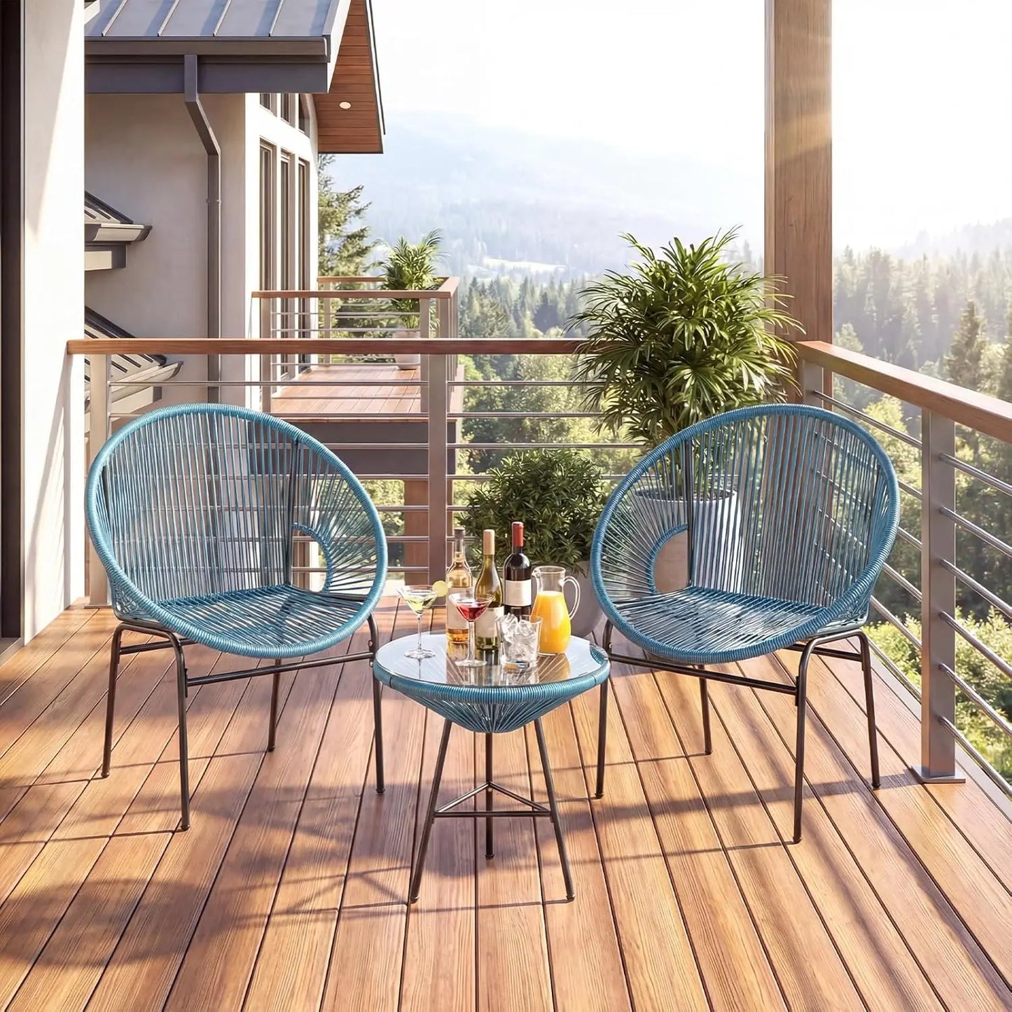 3 Piece Outdoor Patio Furniture Set, Acapulco Chair Set w/Plastic Rope, Tempered Glass Table, Customized