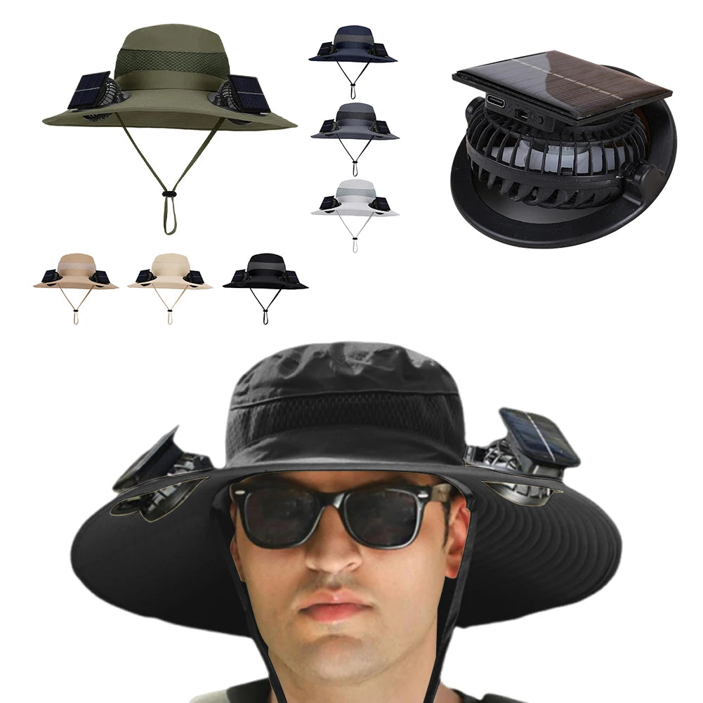 Wide Brim Solar Fan Hat With USB Charging Fans