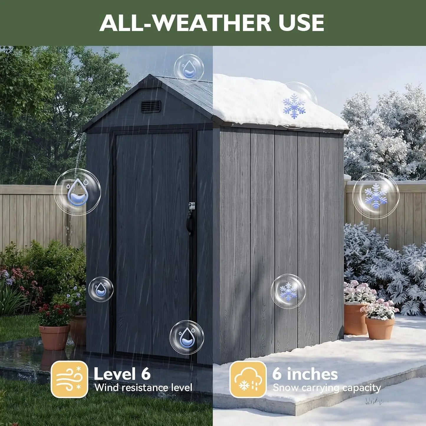 4x6ft Heavy Duty Resin Storage Shed, All Weather Plastic, Reinforced Floor & Magnetic Suction, Custom