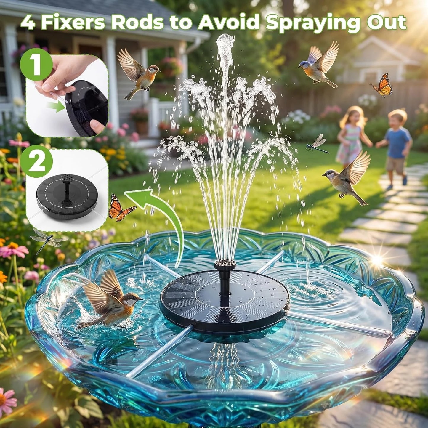  Solar Fountain with 6 Nozzles and 4 Crash Bars, High Water Spray&Stable Floating Solar Water Fountain Suitable for Bird Bath Garden Pond Fish Tank, Ideal Outdoor Landscape Decor