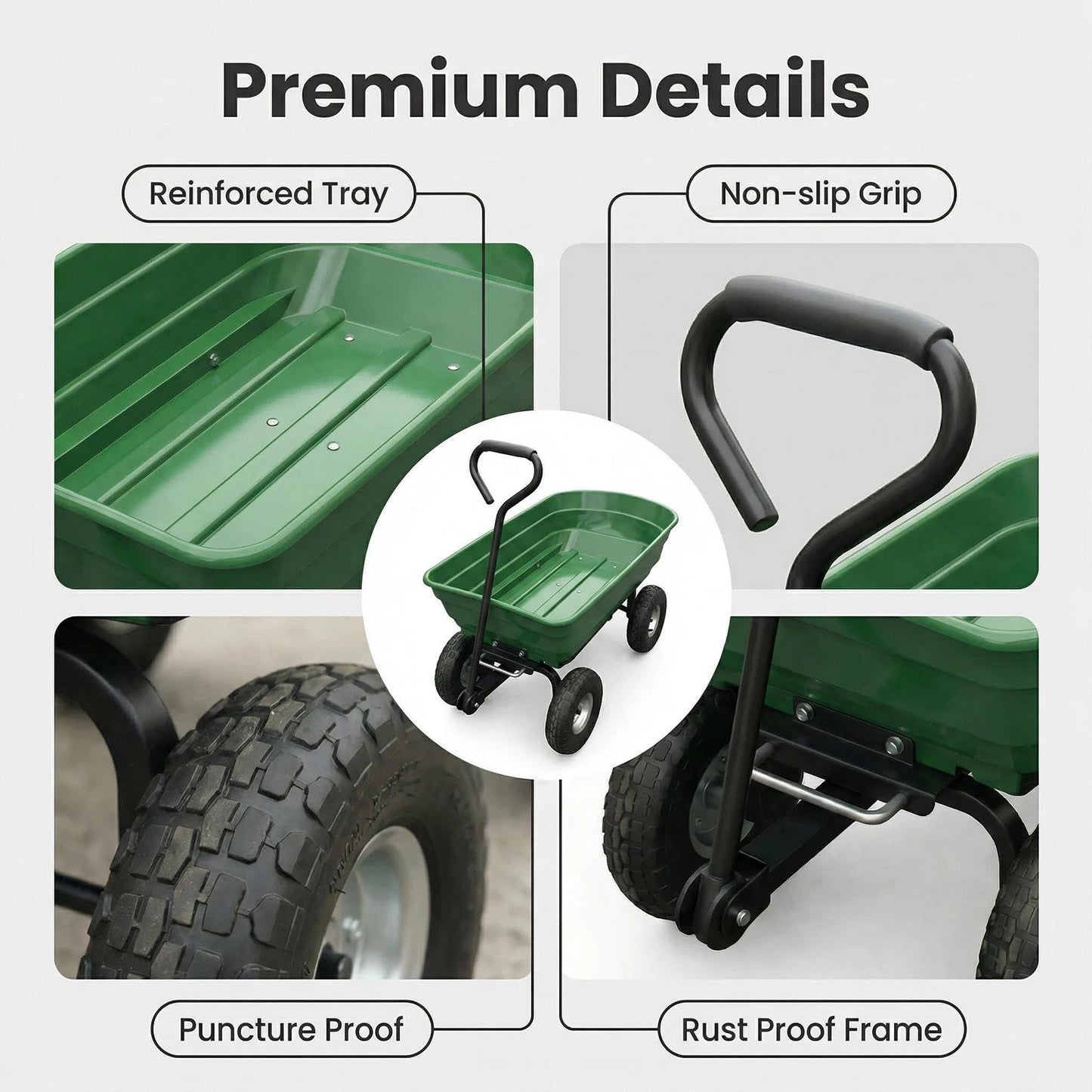 Heavy Duty 4 Wheel Garden Dump Cart 600 lb Utility Wheelbarrow Wagon With Poly Bed D-Handle For Yard Lawn Landscaping