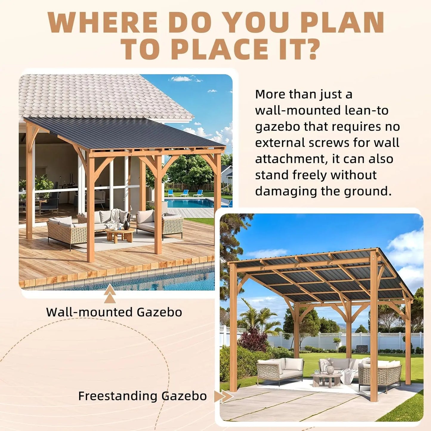 10' x 10' Outdoor Wood Ceder Gazebo for Patio, Outdoor Lean to Hardtop Pergolas and Gazebos Clearance, Wall Mounted, Customized