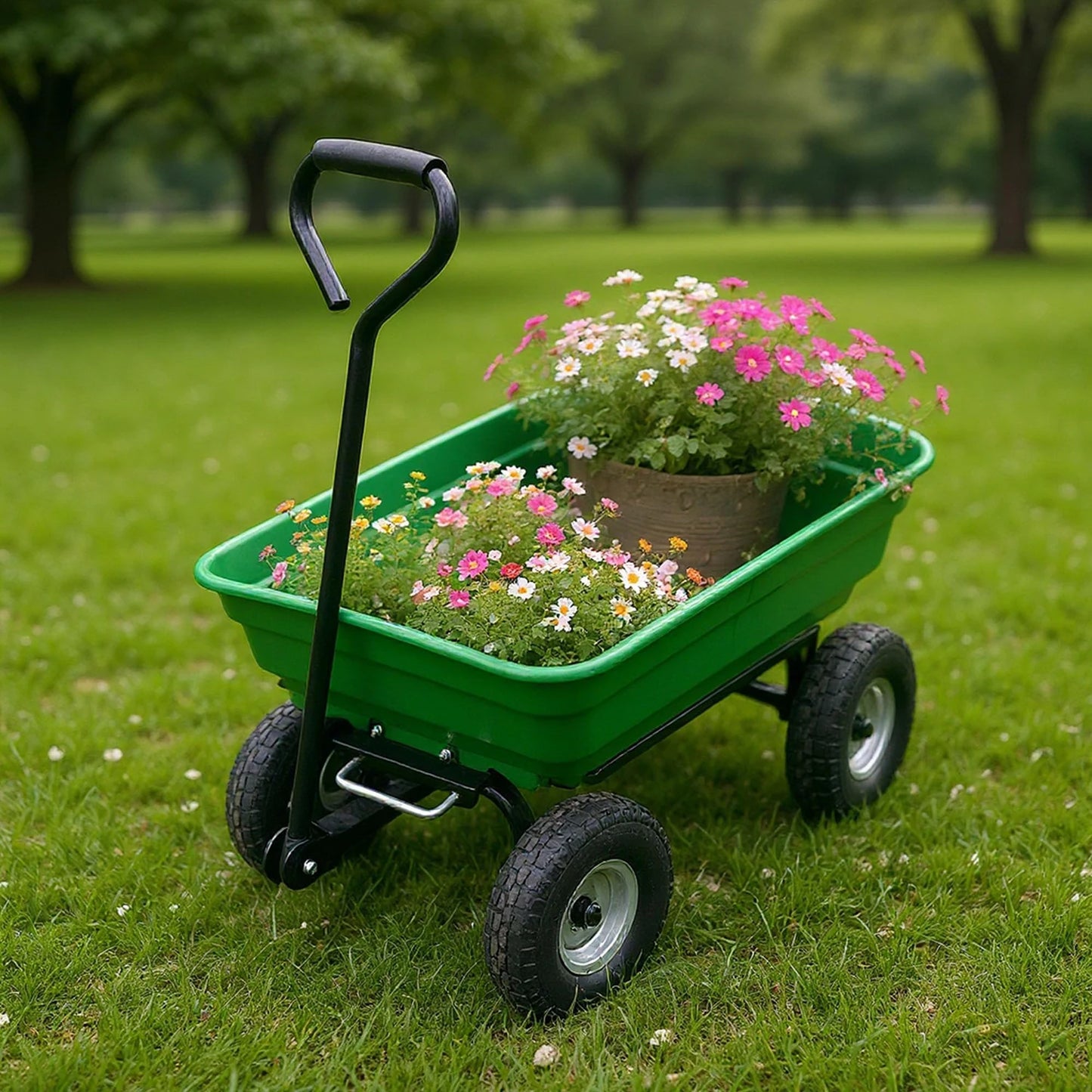 Heavy Duty 4 Wheel Garden Dump Cart 600 lb Utility Wheelbarrow Wagon With Poly Bed D-Handle For Yard Lawn Landscaping