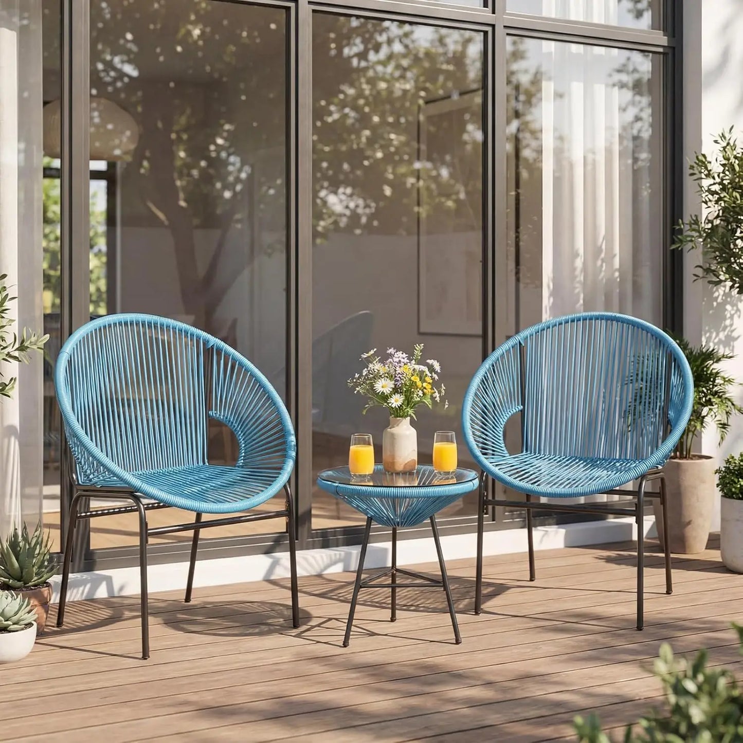 3 Piece Outdoor Patio Furniture Set, Acapulco Chair Set w/Plastic Rope, Tempered Glass Table, Customized