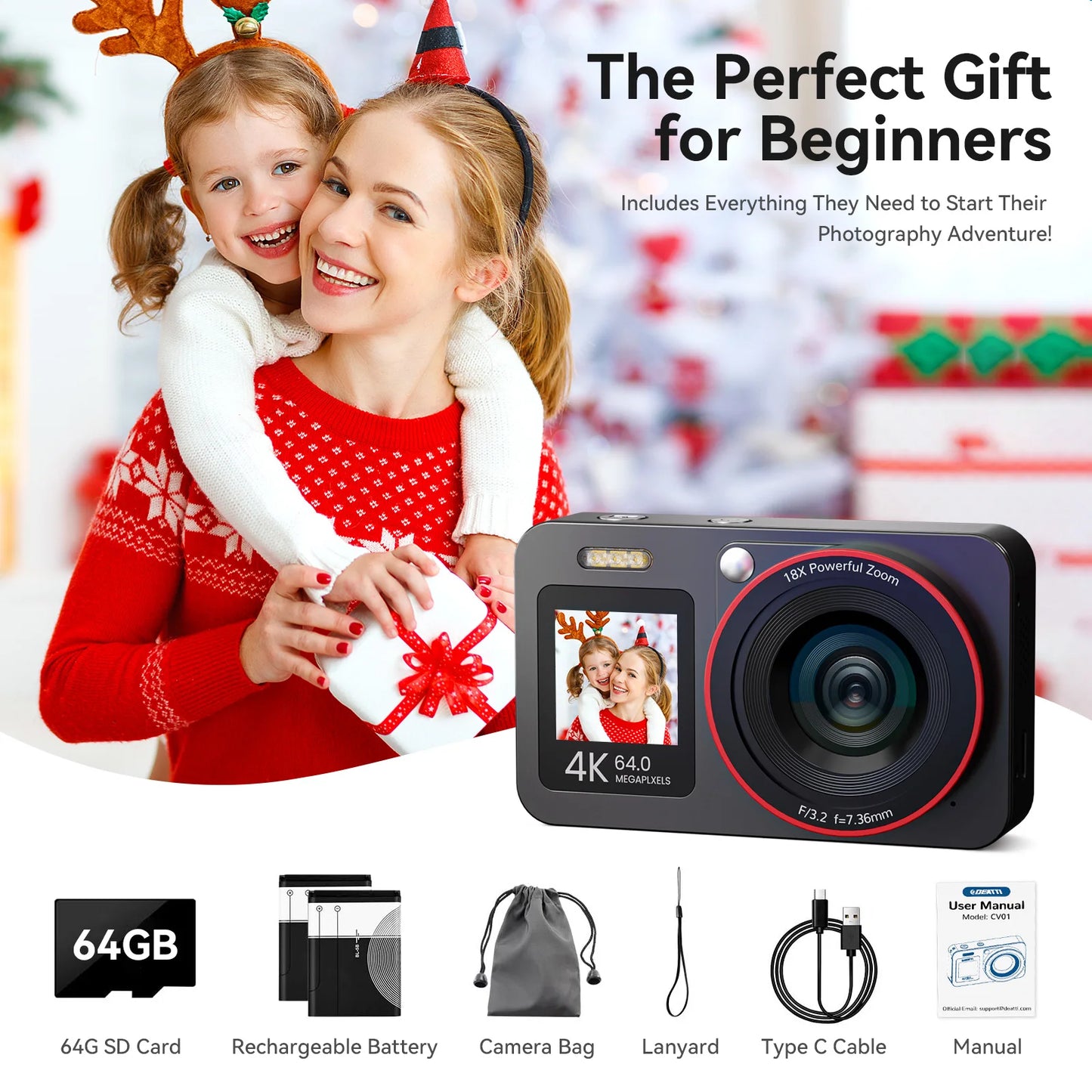 Digital Camera FHD 4K 64MP Dual Screen 64GB Card Pro