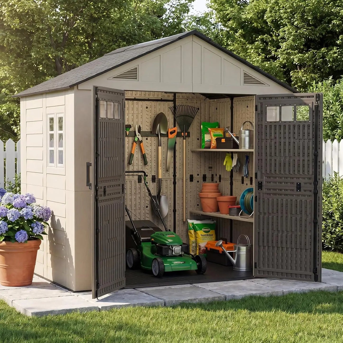 8x6ft Large Resin Outdoor Storage Shed with Floor, Lockable Door & Windows, HDPE for Garden, Custom