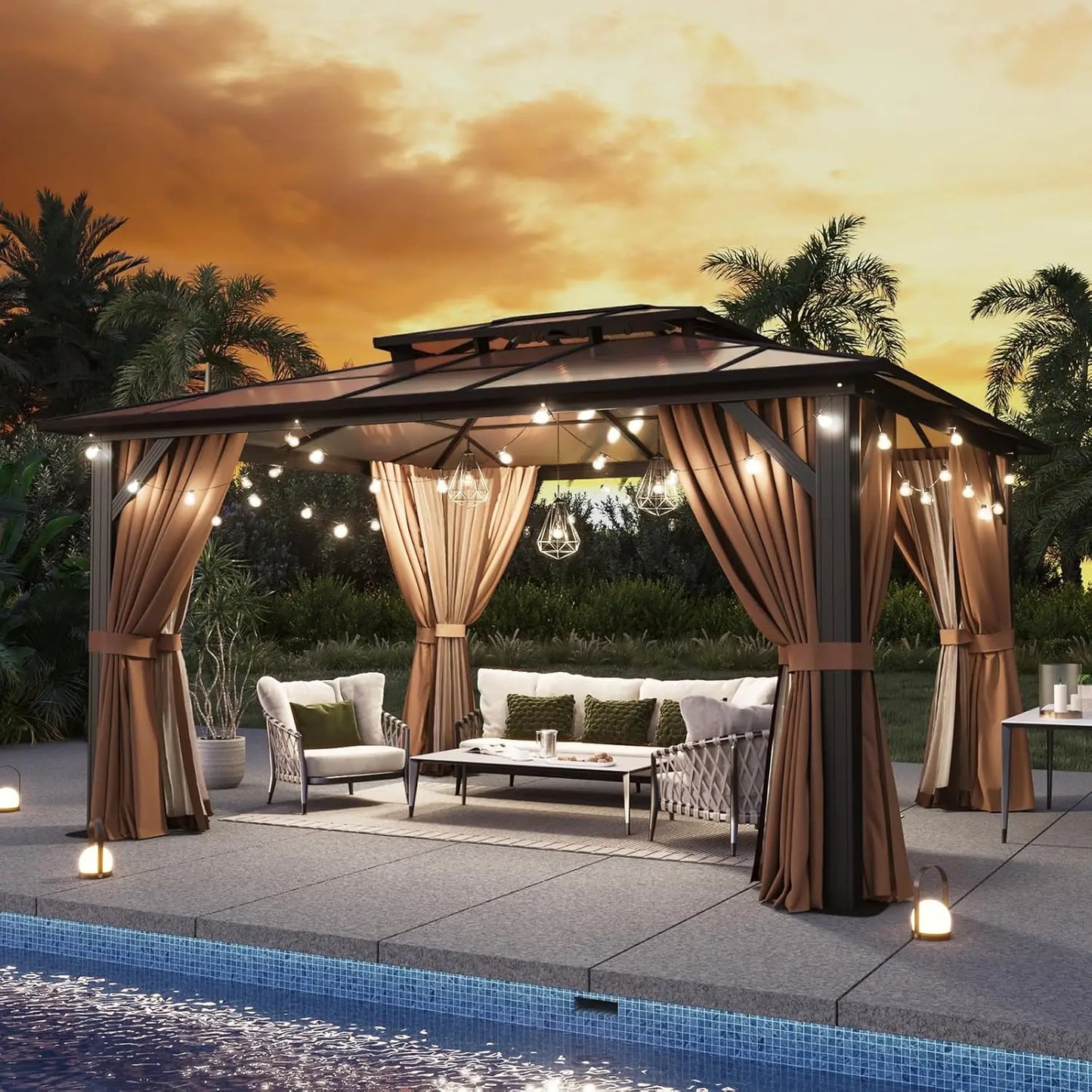 12x10 Hardtop Gazebo Aluminum Frame Polycarbonate Double Roof Curtains Netting Garden Lawn Patio Custom