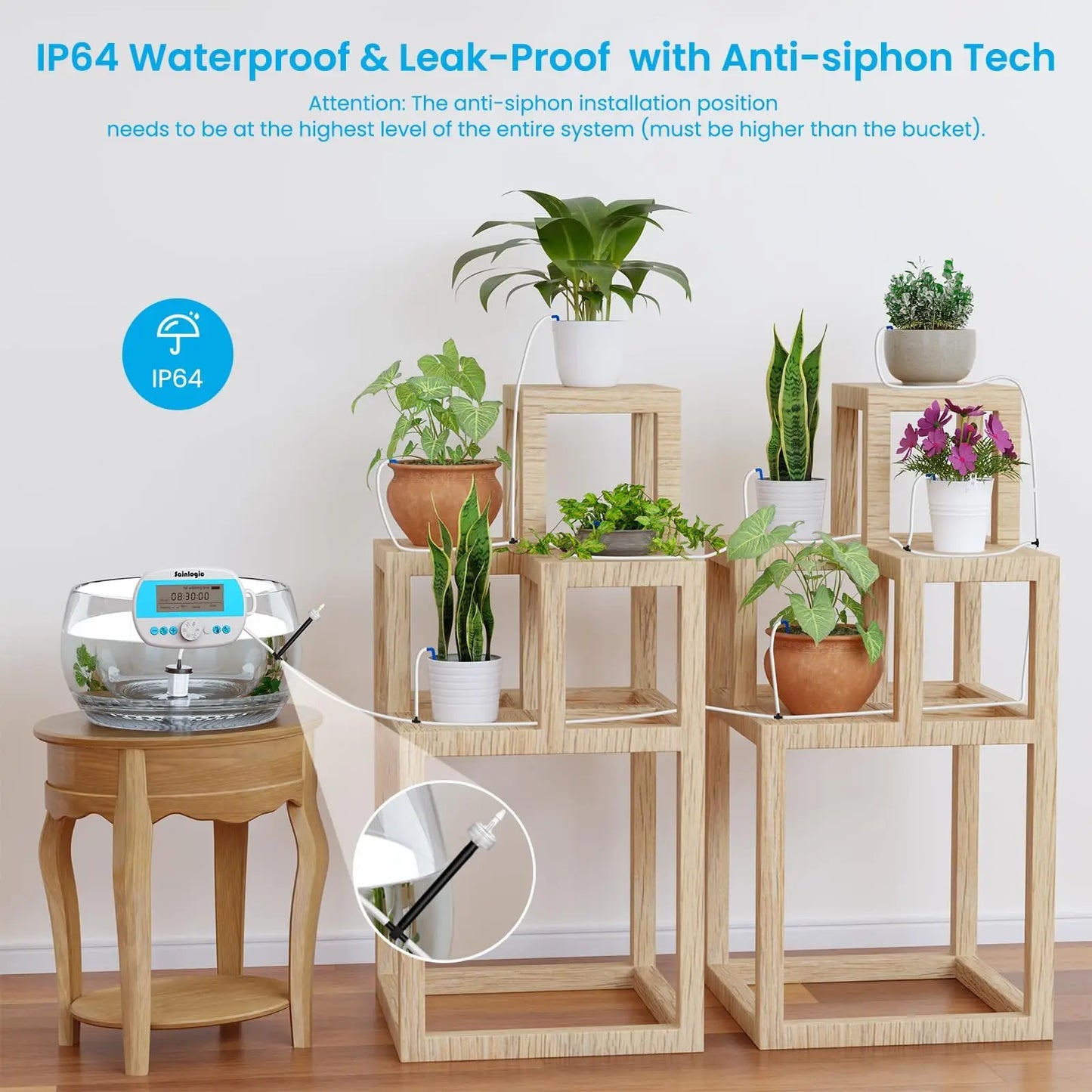 Sainlogic Drip Irrigation Kit, Auto Plant Watering System, Anti-Siphoning Device, 15 Pots DIY Timer Pump for Indoor Garden