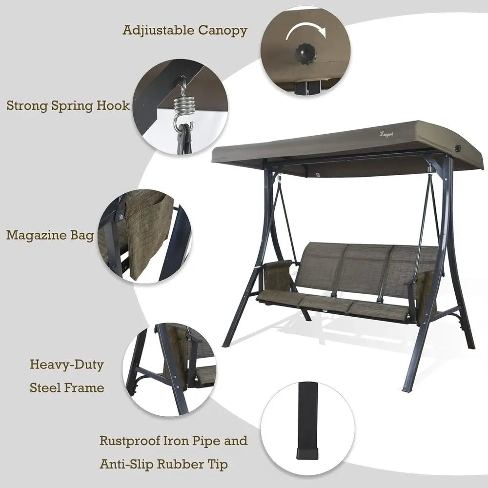 3-Seat Outdoor Porch Swing Glider With Adjustable Steel Frame