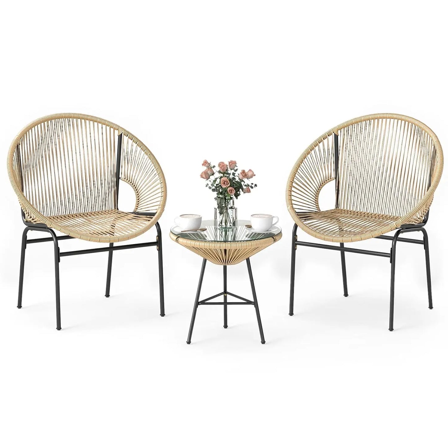 3 Piece Outdoor Patio Furniture Set, Acapulco Chair Set w/Plastic Rope, Tempered Glass Table, Customized