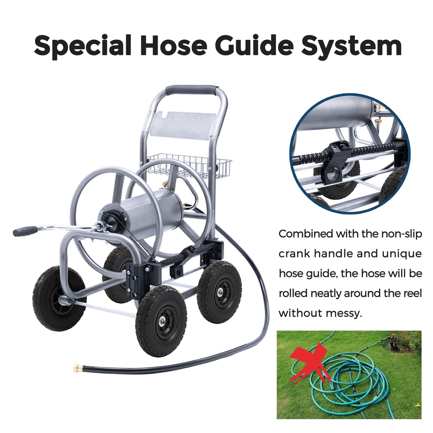 Giraffe Tools Hose Reel Cart With Wheels Outdoor 250-Foot 5/8-Inch Hose