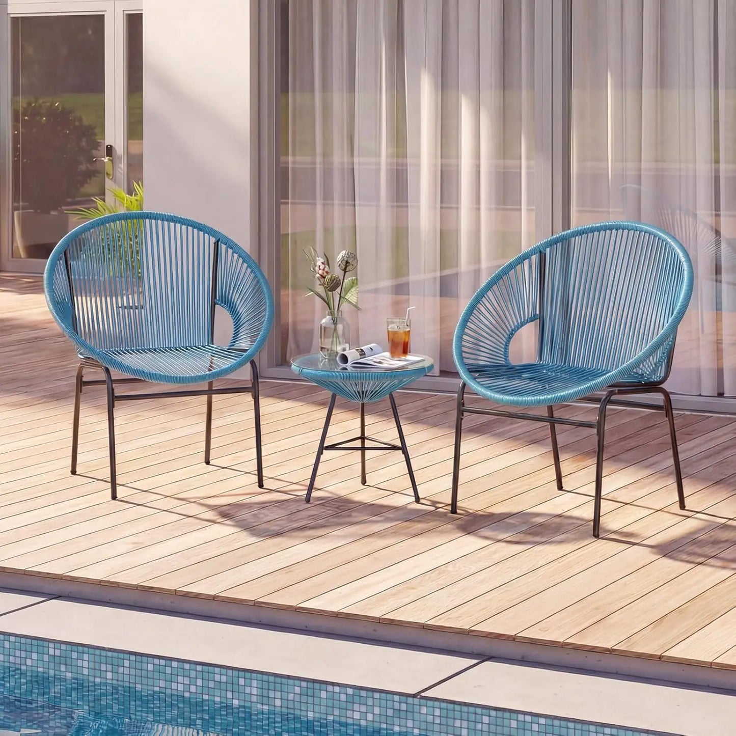 3 Piece Outdoor Patio Furniture Set, Acapulco Chair Set w/Plastic Rope, Tempered Glass Table, Customized