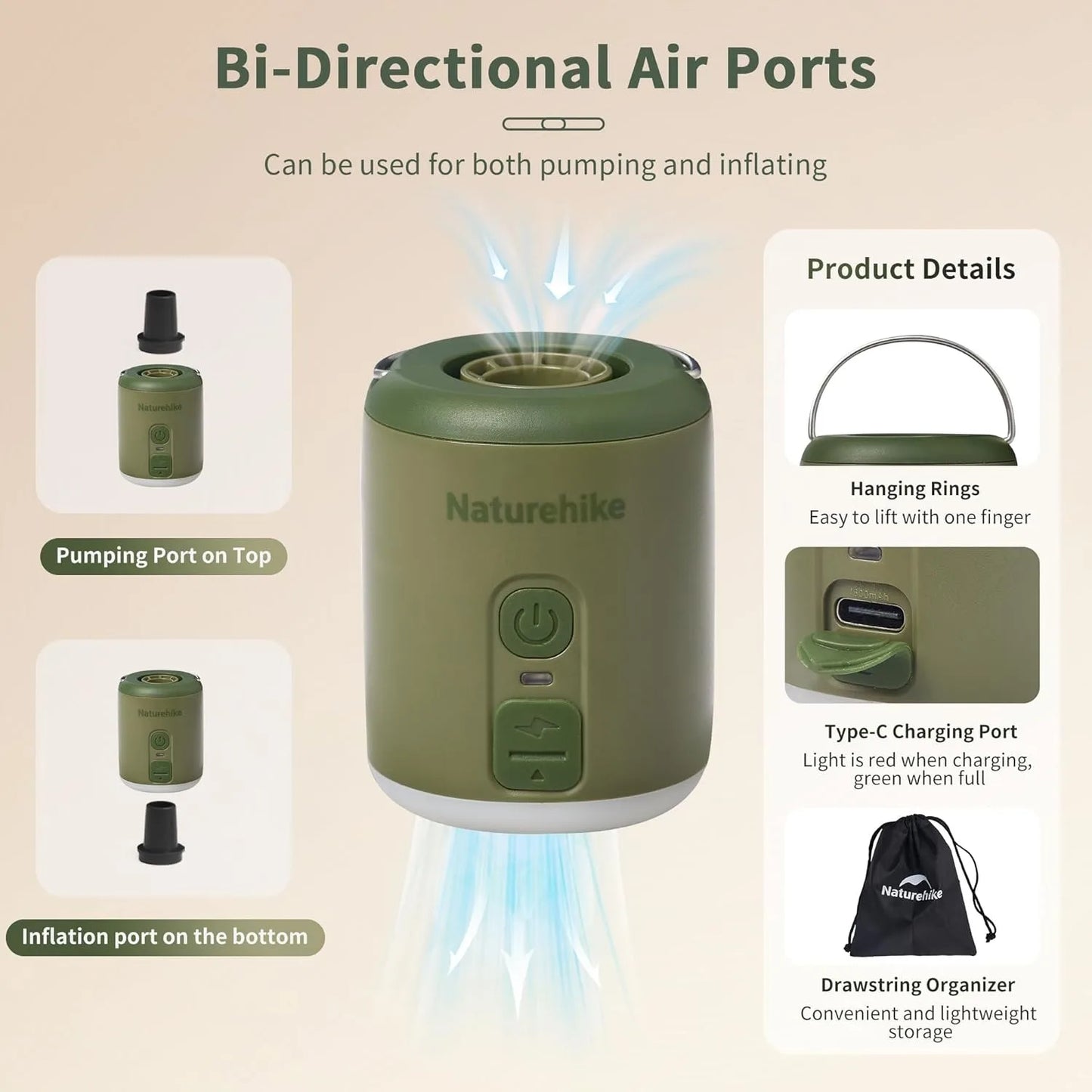 Naturehike Multi Function Air Pump Outdoor Portable Fast Charge Inflatable Mat