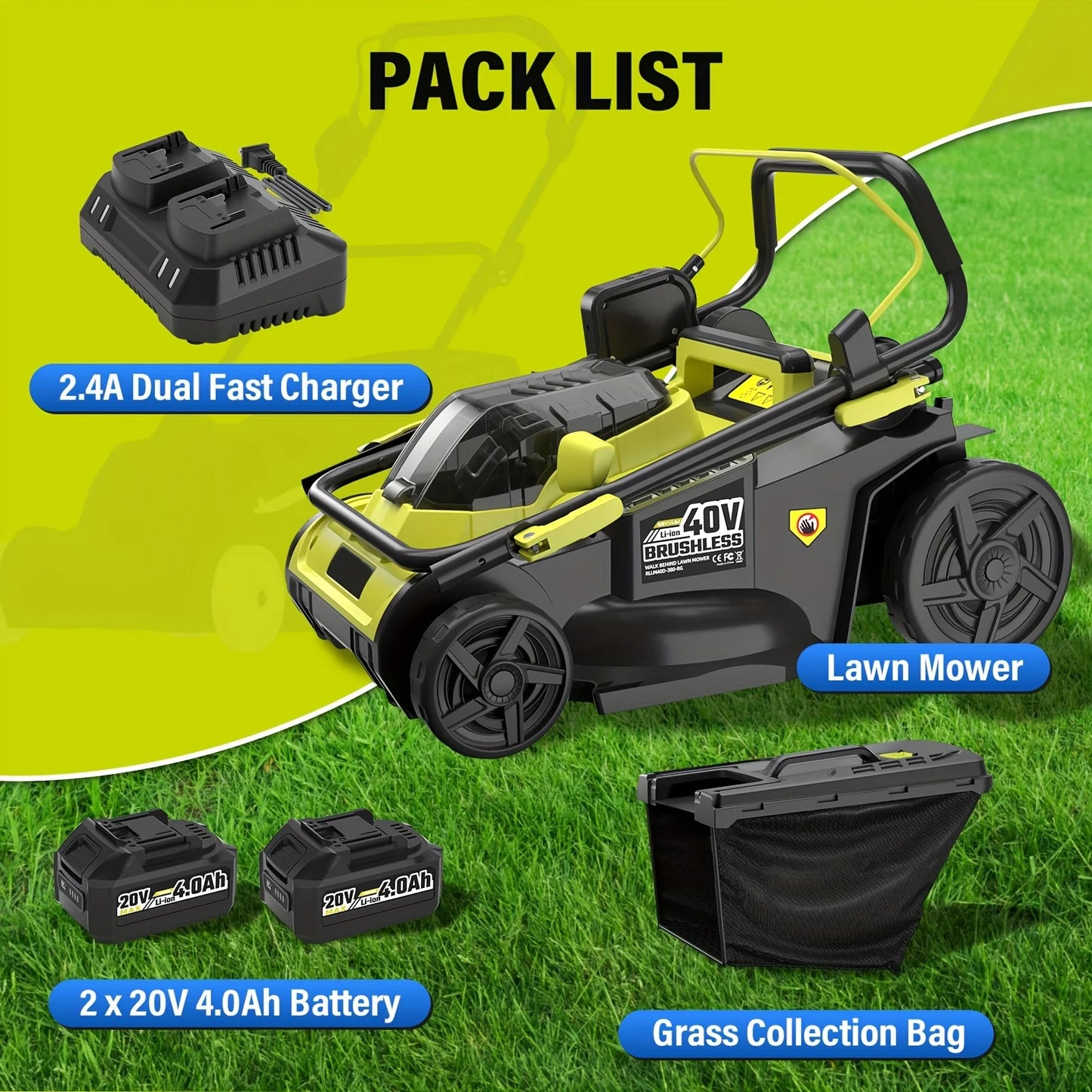 40V Cordless Lawn Mower With 11.89 Gallon Grass Collection Bag