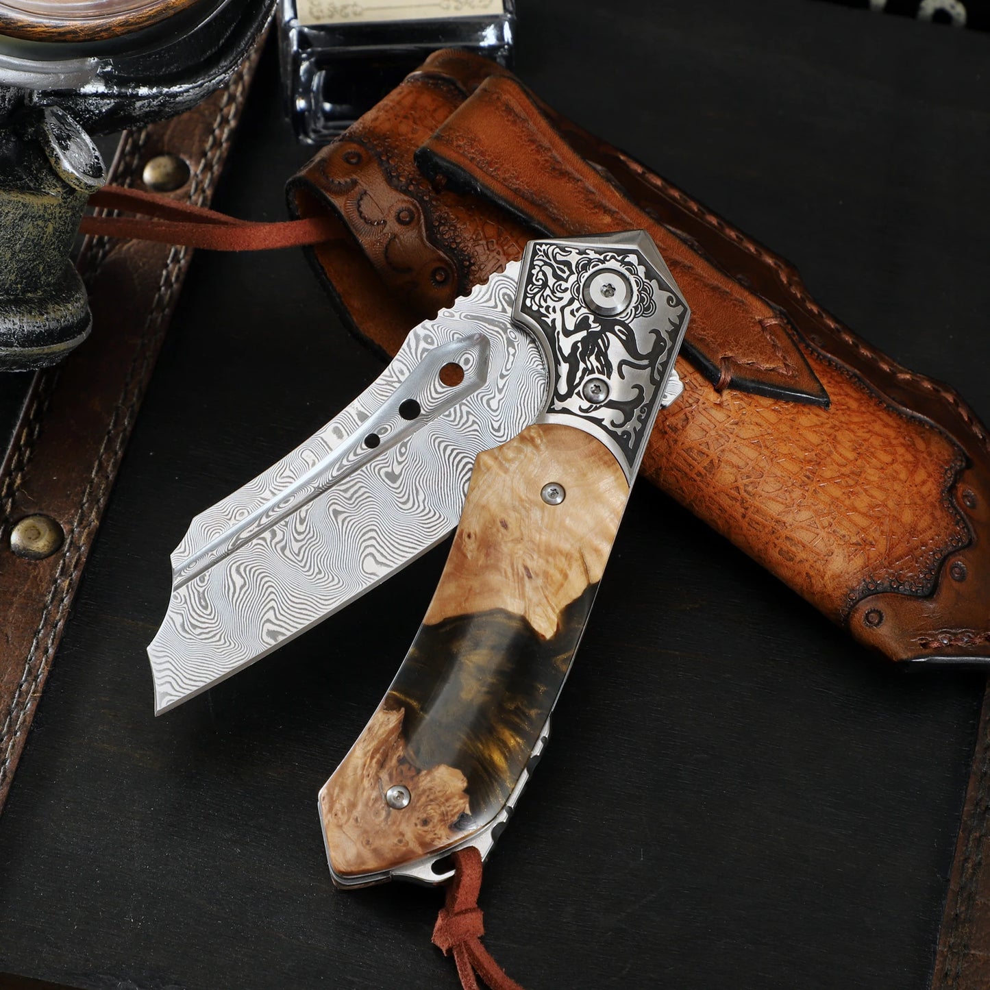 Damascus Steel Pocket Folding Knife With Resin Maple Handle