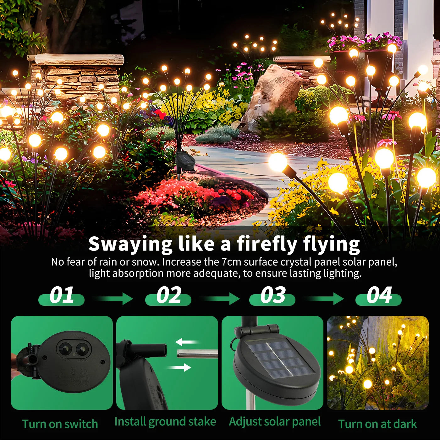 2Pack 8-Head Solar Firefly Lights Outdoor Pathway Decorative Garden IP651 Waterproof High Flexibility Iron Wire Heavy-Duty Bulb Base