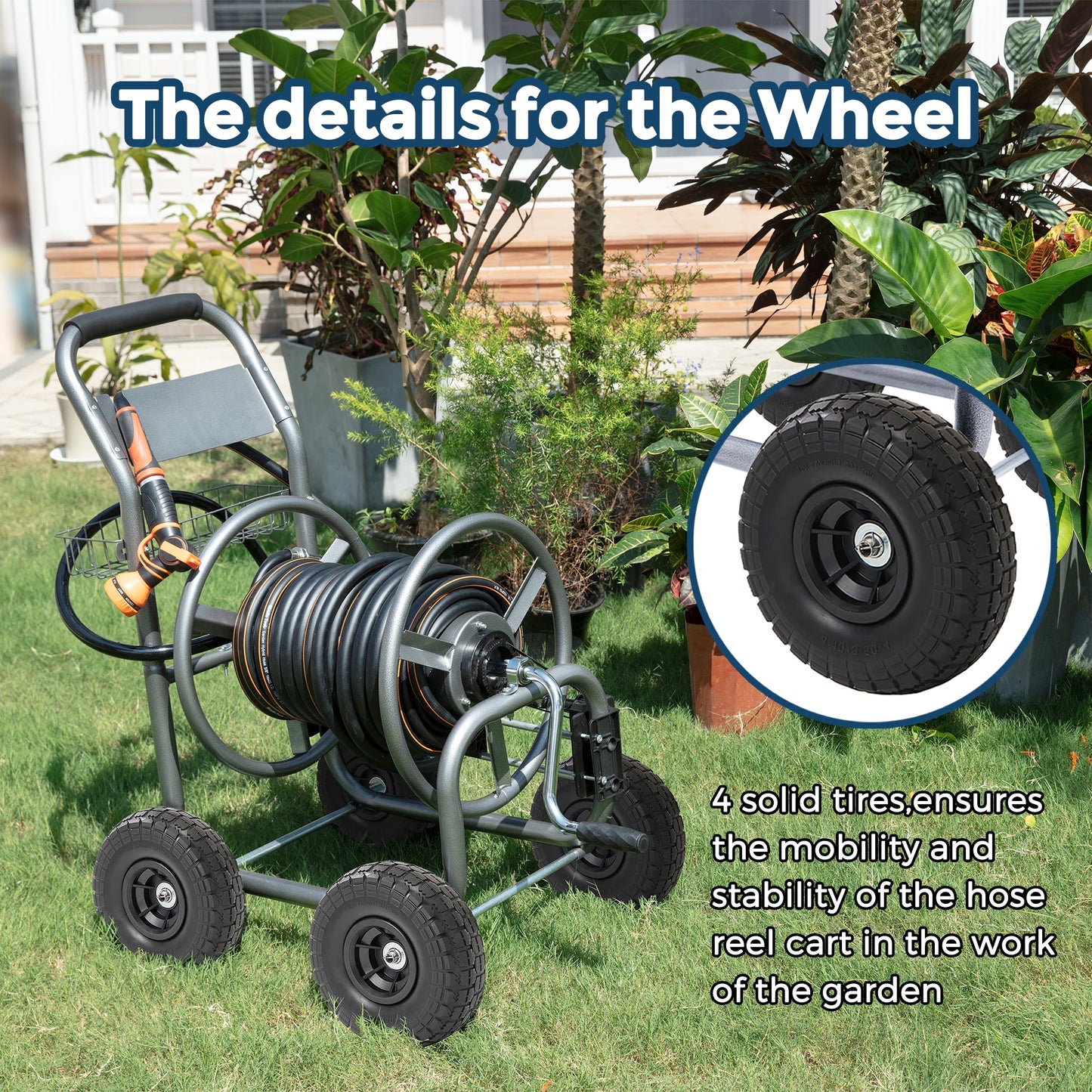 Giraffe Tools Hose Reel Cart With Wheels Outdoor 250-Foot 5/8-Inch Hose