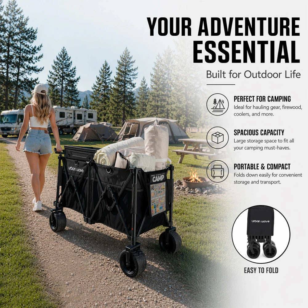 Heavy-Duty Folding Beach Cart - 680LBS Capacity, LargeAll-Terrain Sand Wheels, Cup Holder, 360° Maneuverability -Ideal for Camping, Gardening, Outdoor Sports EquipmentTransport