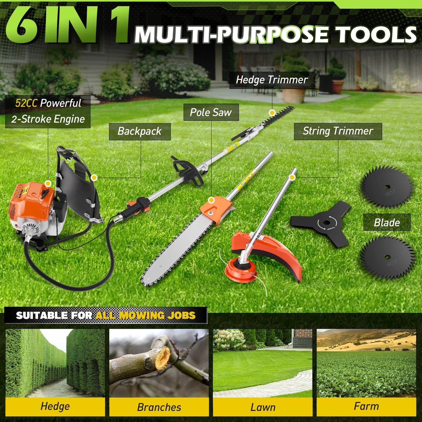 Gasoline Powered 6 In 1 Hedge Trimmer For Lawn Care