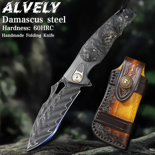 ALVELY DIY Supplies Folding Knife Damascus Steel Outdoor EDC Camping Hunting