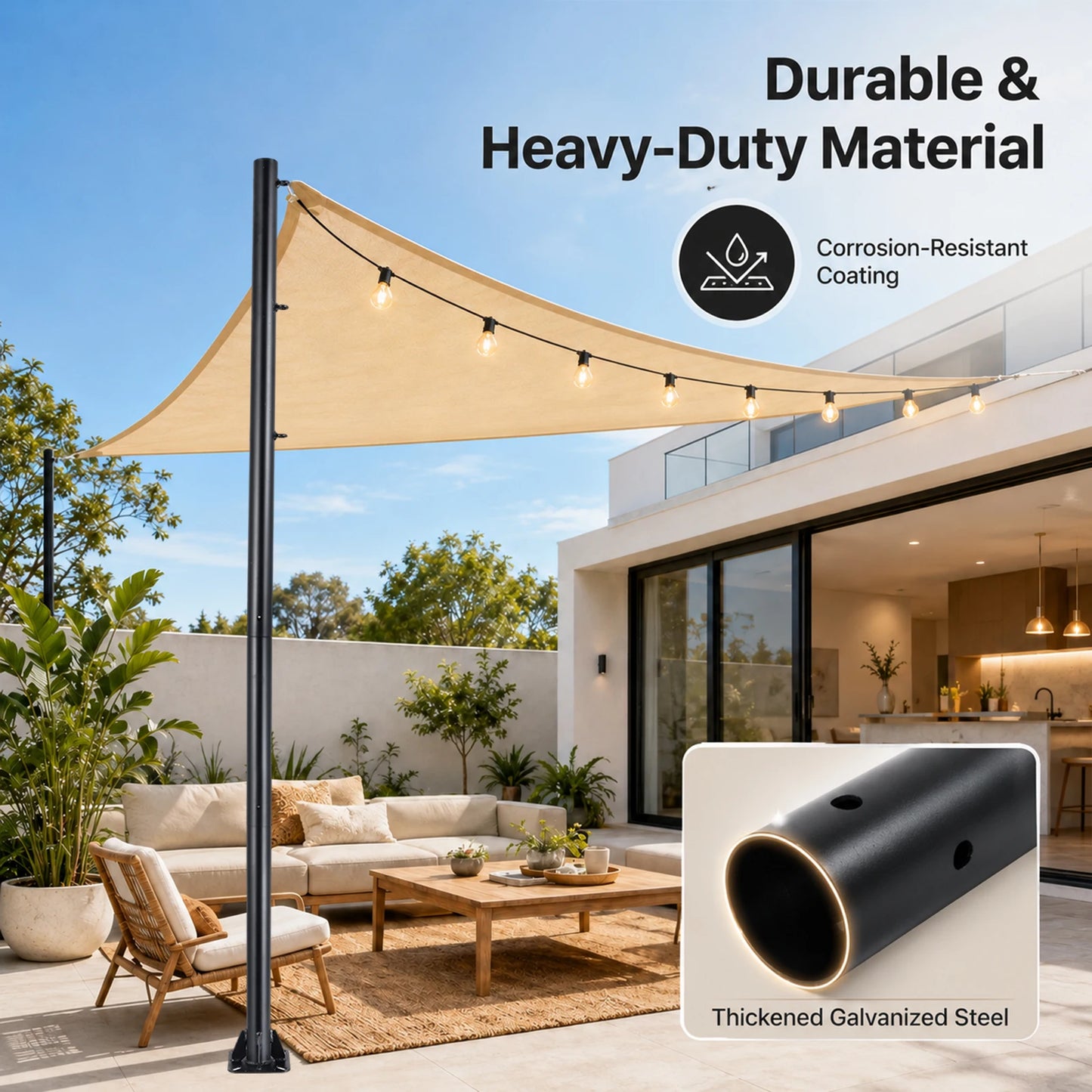 Sun Shade Poles | Rust Proof Thickened 10ft Diameter 2.3in Steel Post | Canopy Support Poles with Carabiner Hooks | for Outdoor Patio Garden Backyard Balcony Camping