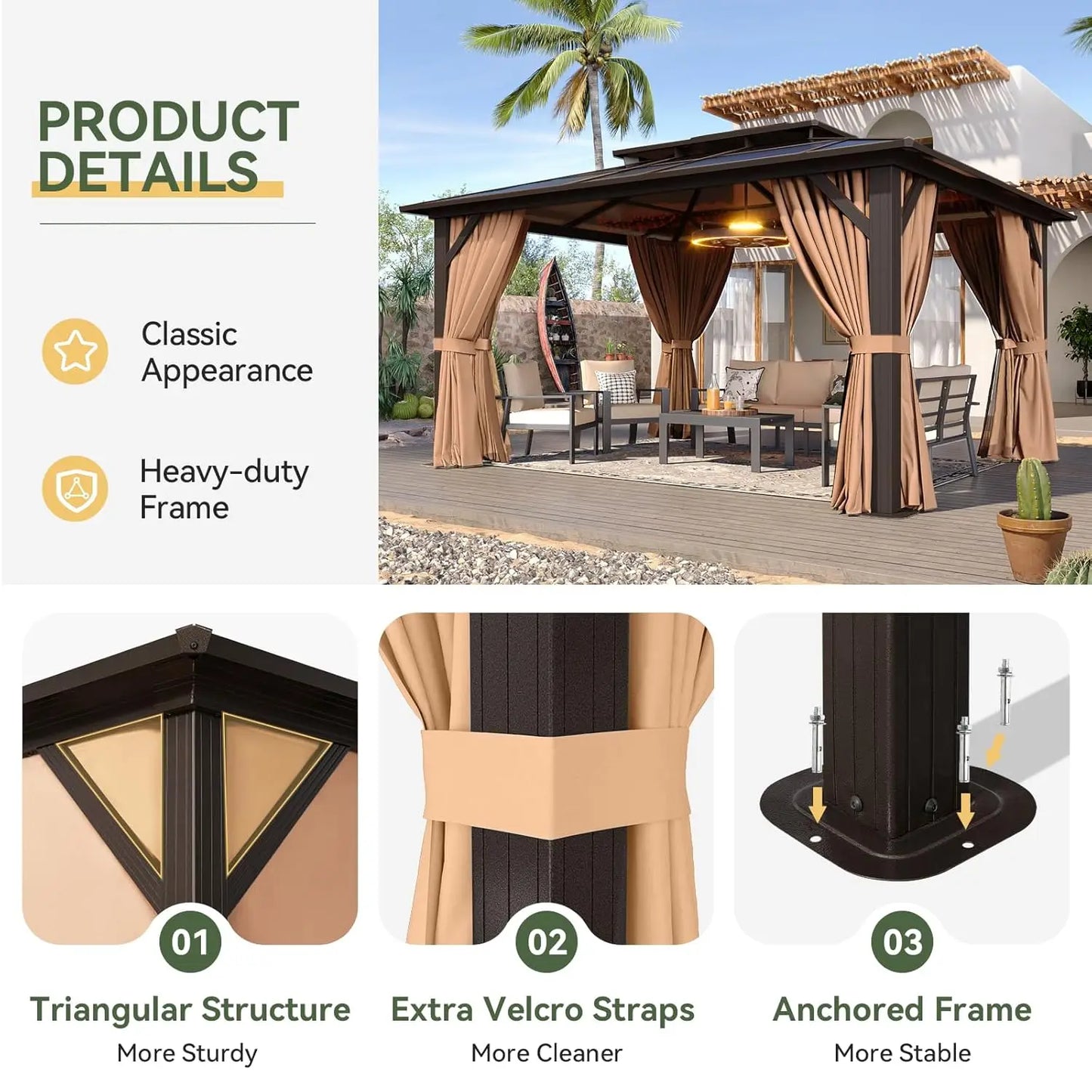 12x10 Hardtop Gazebo Aluminum Frame Polycarbonate Double Roof Curtains Netting Garden Lawn Patio Custom