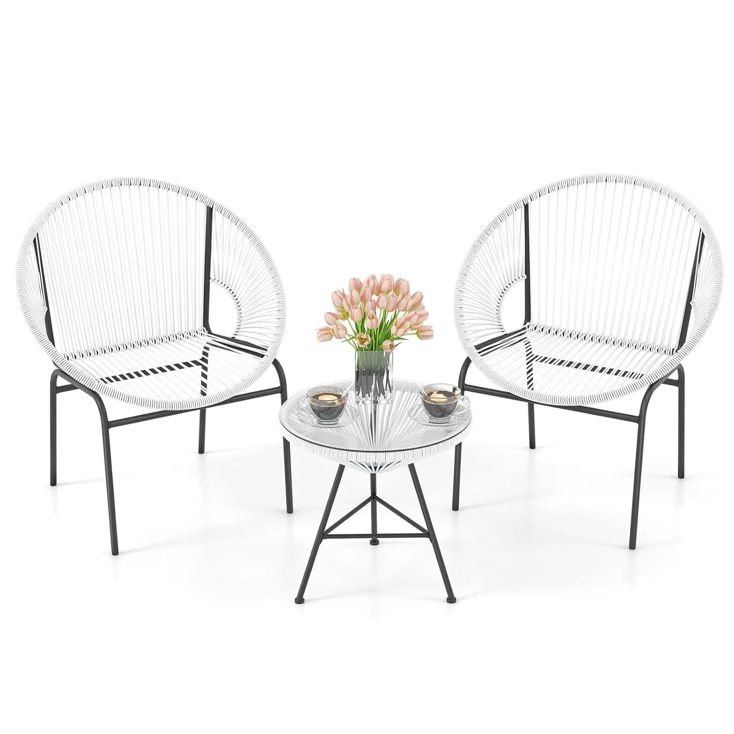 3 Piece Outdoor Patio Furniture Set, Acapulco Chair Set w/Plastic Rope, Tempered Glass Table, Customized