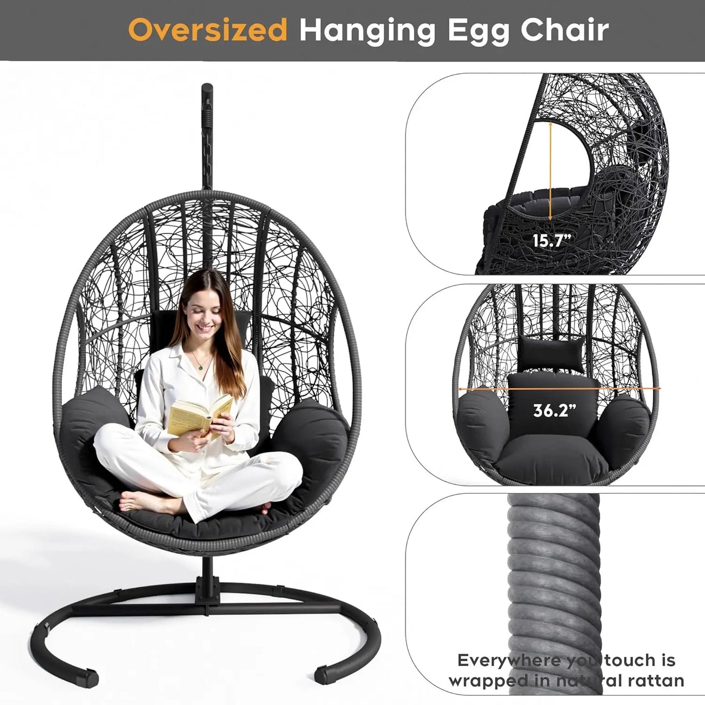 Hanging Egg Chair Outdoor Swing Stand With PE Wicker Cushion