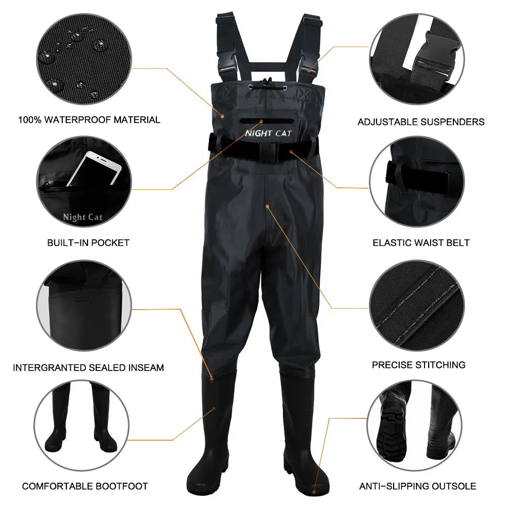 Unisex Waterproof Nylon PVC Chest Waders With Anti Slip Boots