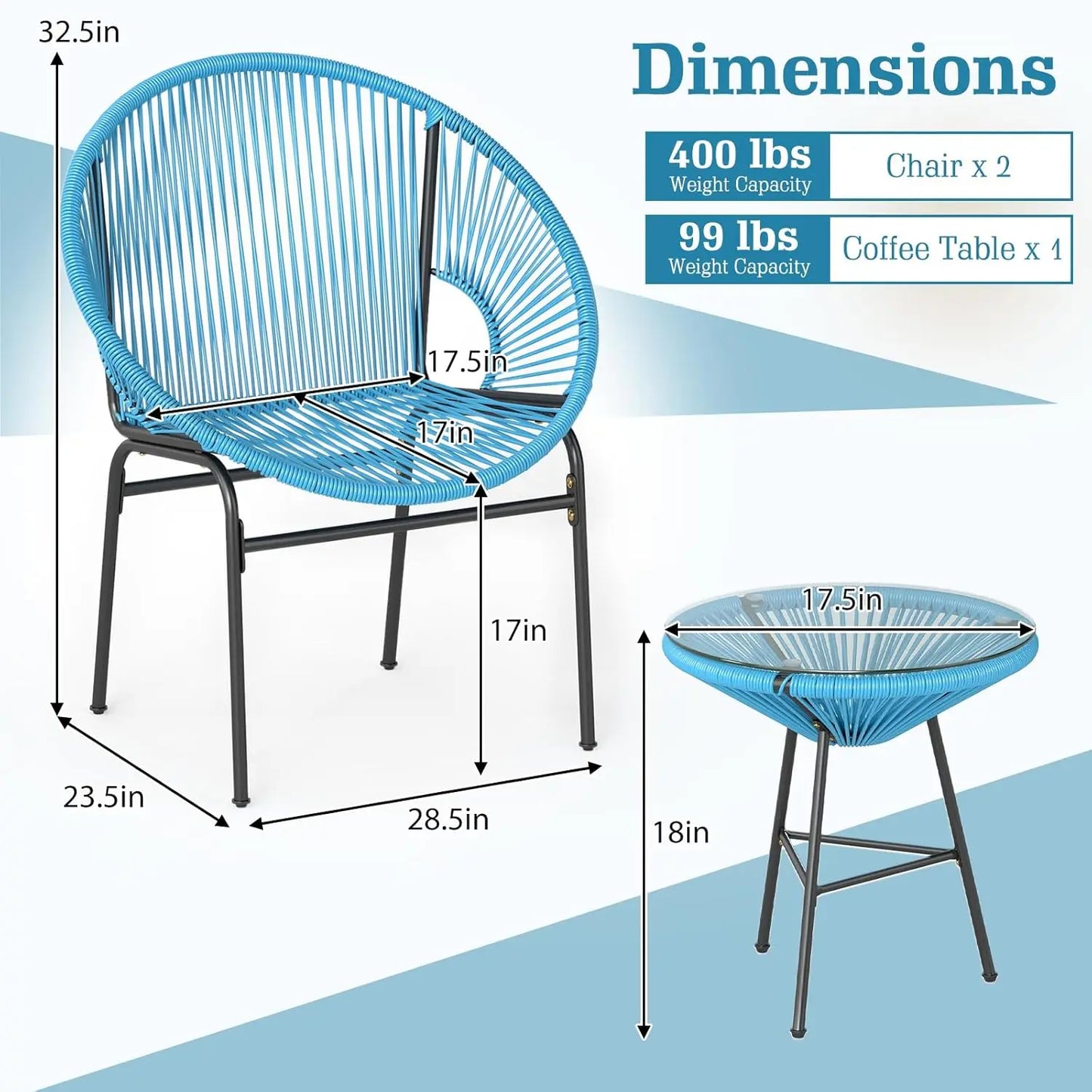 3 Piece Outdoor Patio Furniture Set, Acapulco Chair Set w/Plastic Rope, Tempered Glass Table, Customized