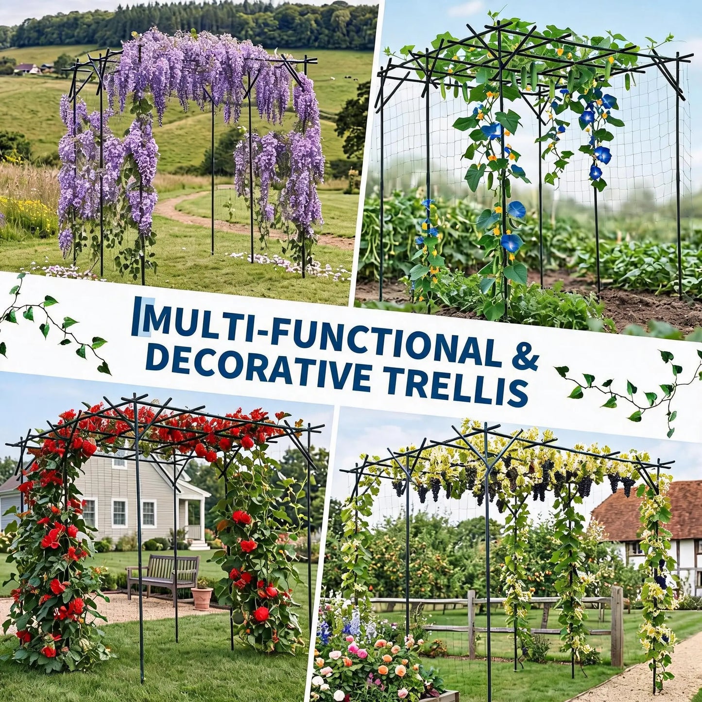 Large Metal Garden Arch Trellis 78"x78"x78", Outdoor Climbing Plant Support for Grapes and Cucumbers, Ideal for Gardens, Walkways, and Yards