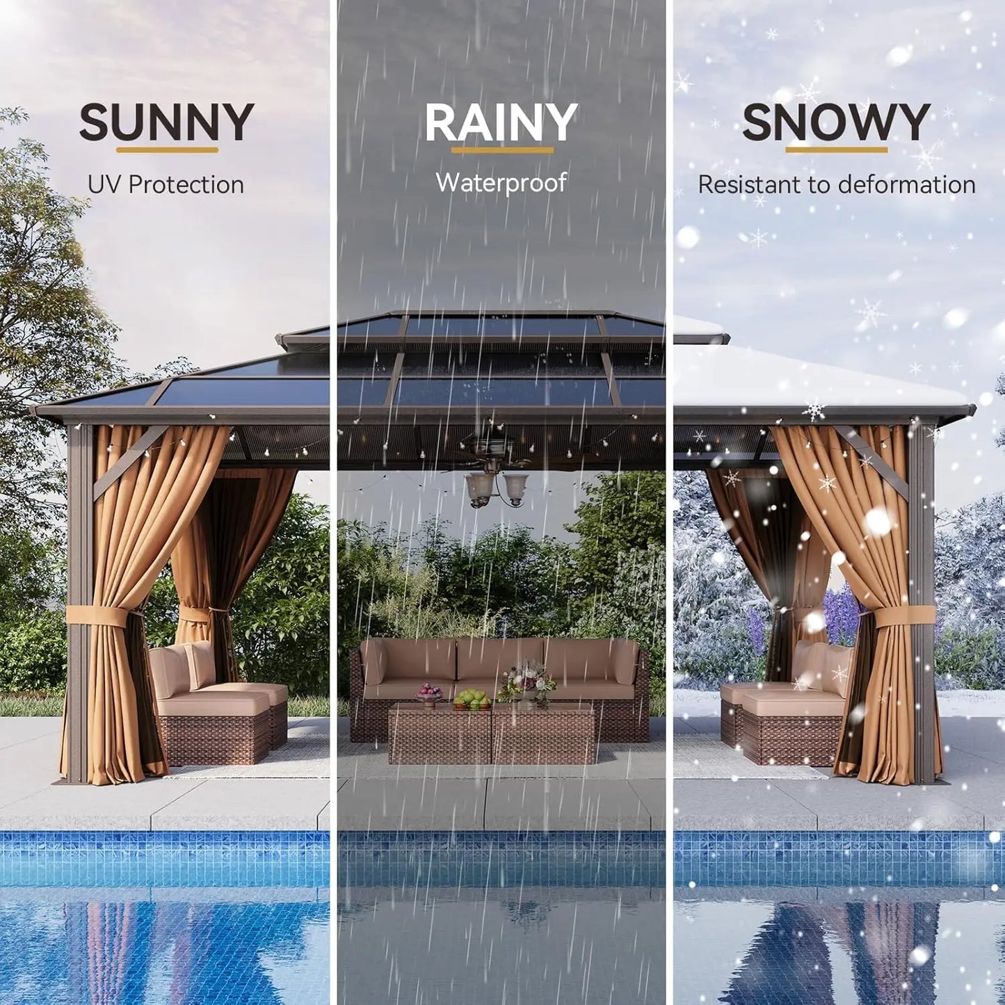 12x16 Hardtop Gazebo Outdoor Metal Double Polycarbonate Roof Netting Curtains Lawn Garden Patio Brown, Custom