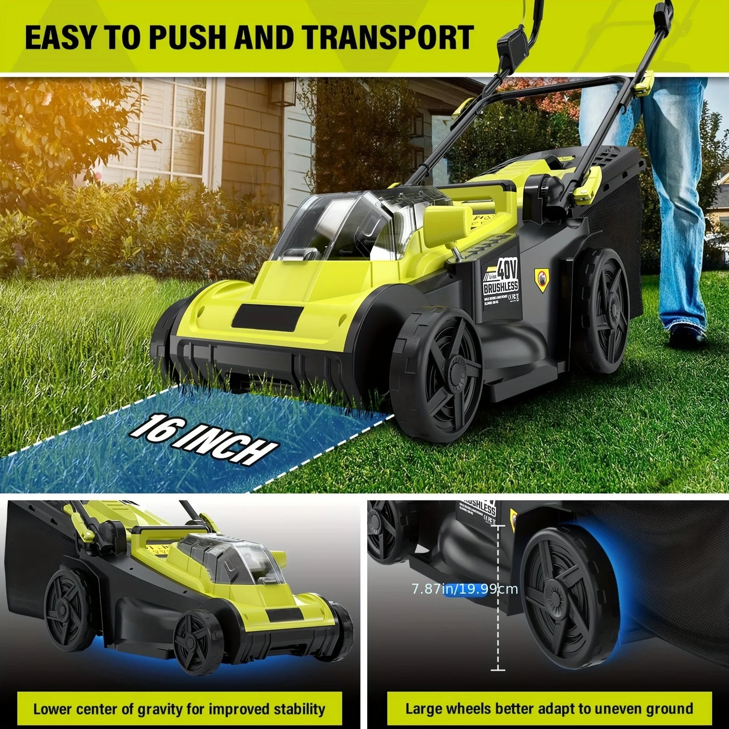 40V Cordless Lawn Mower With 11.89 Gallon Grass Collection Bag