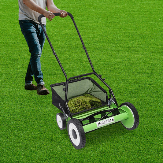 16 Inch Manual Push Reel Lawn Mower 5-Blade Cordless Lawn Mower with 4 Wheels and Removable Grass Catcher for Home Garden Yard
