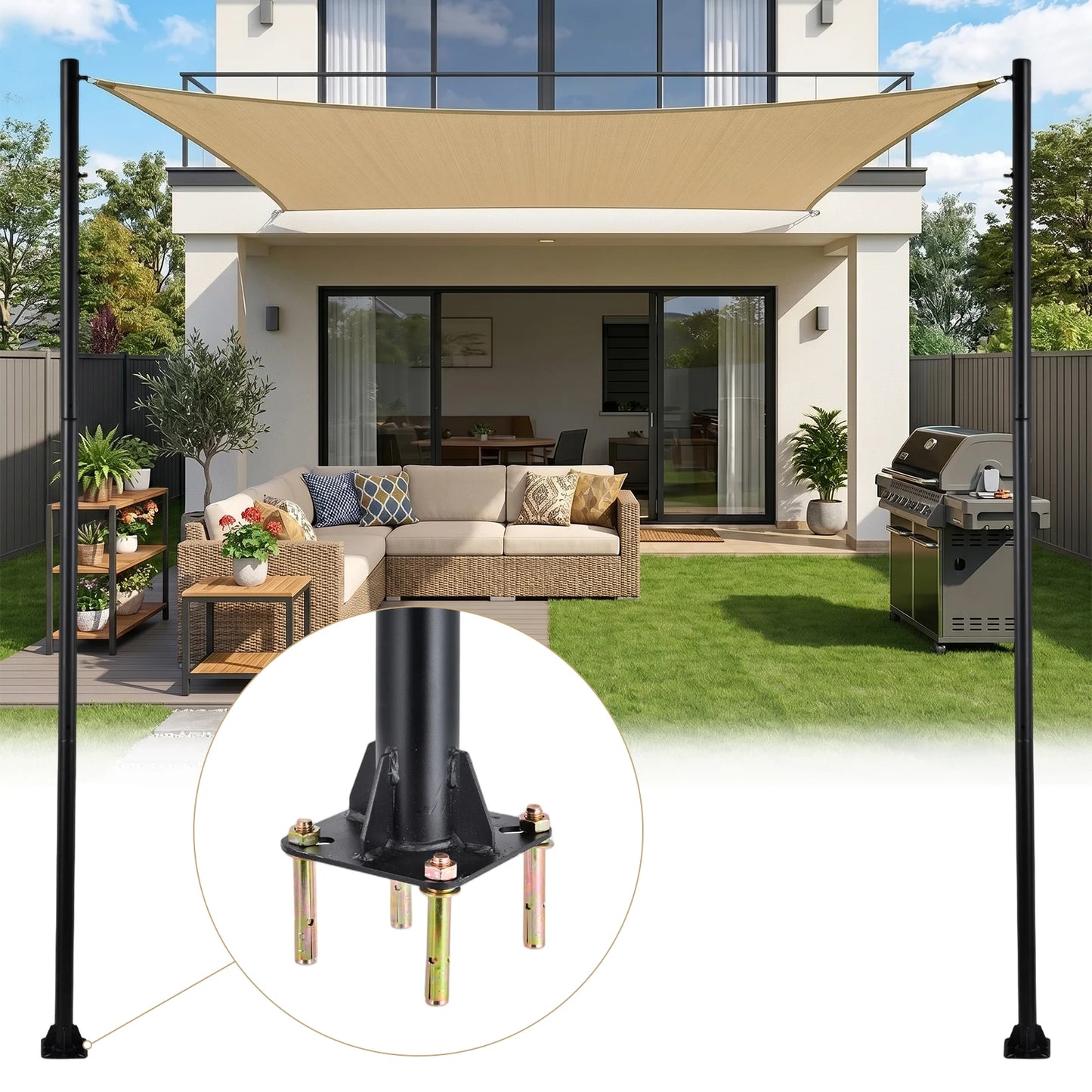 Sun Shade Poles | Rust Proof Thickened 10ft Diameter 2.3in Steel Post | Canopy Support Poles with Carabiner Hooks | for Outdoor Patio Garden Backyard Balcony Camping
