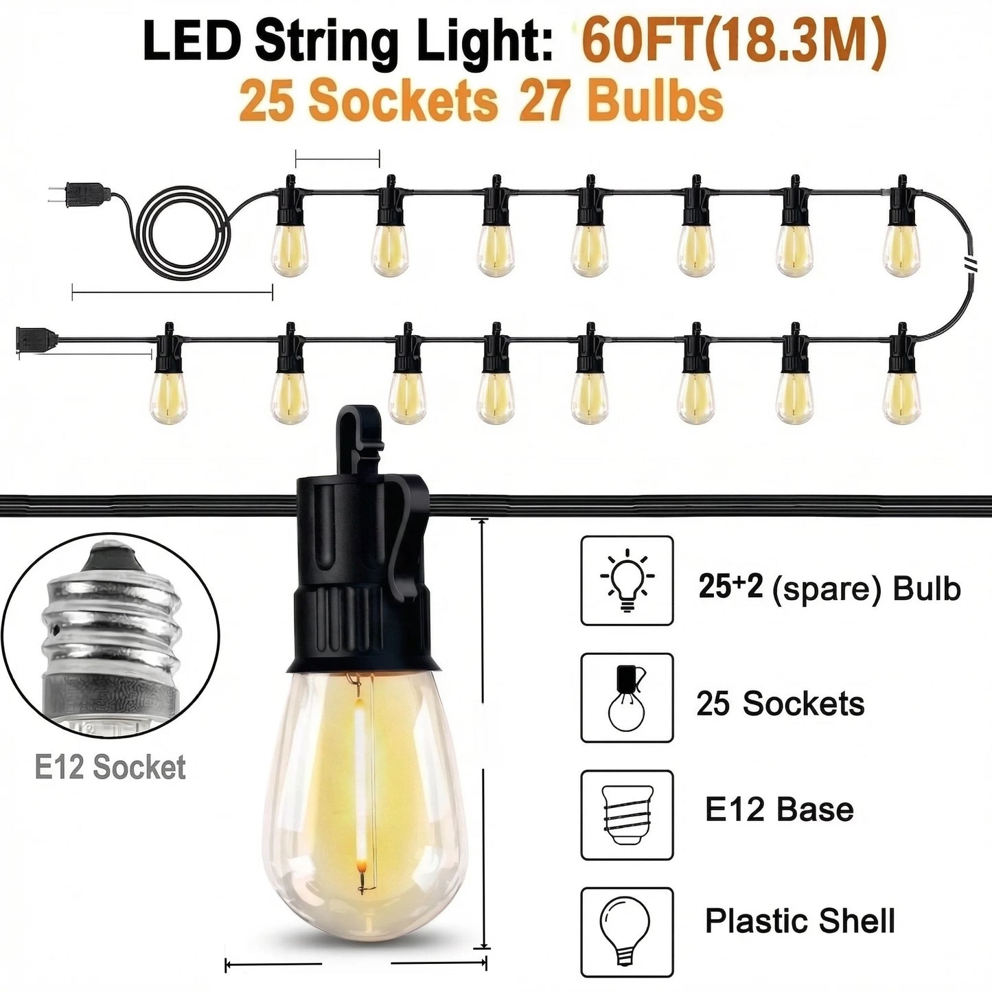 Outdoor String Lights LED Patio-Light - 105Ft/60FT/28FT Outside Waterproof Porch Lights With Shatterproof S14 Bulbs Outside Hanging Light Connectable Lighting For Gazebo Backyard Bistro Pergola And Camping, 2700K