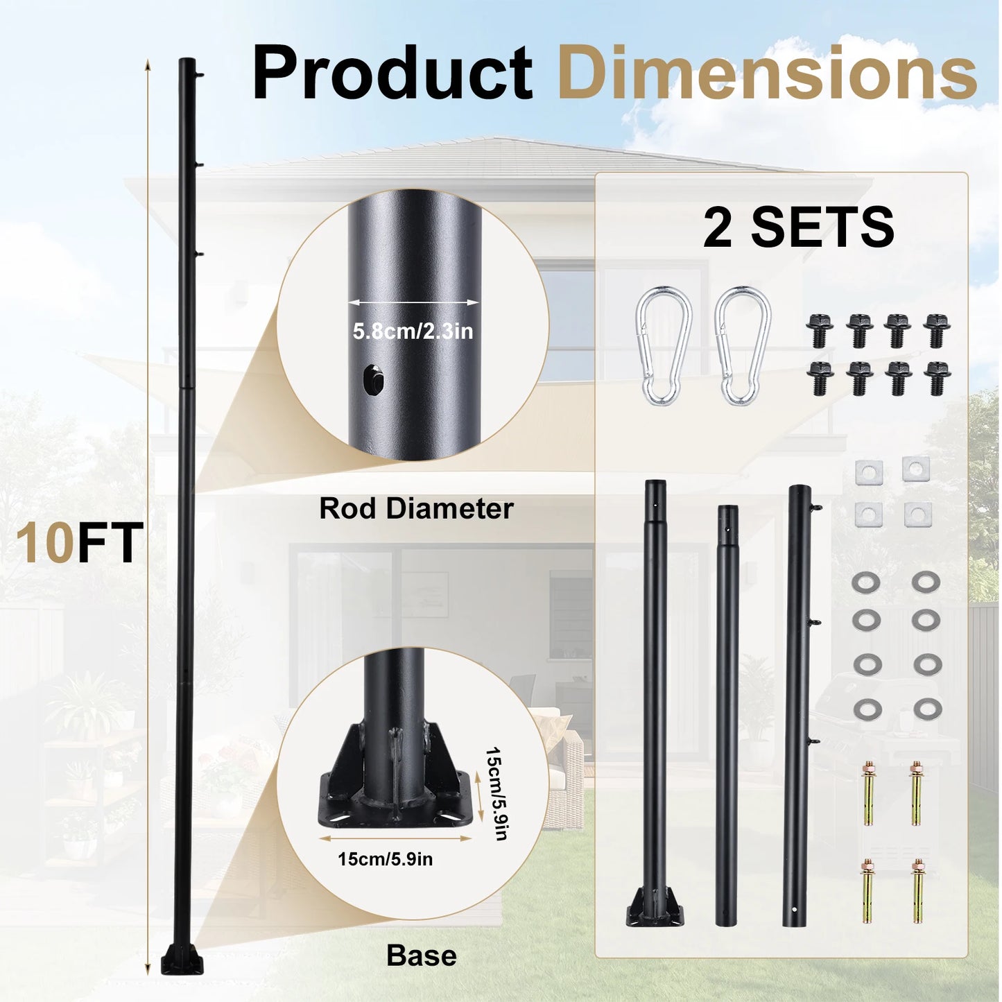 Sun Shade Poles | Rust Proof Thickened 10ft Diameter 2.3in Steel Post | Canopy Support Poles with Carabiner Hooks | for Outdoor Patio Garden Backyard Balcony Camping