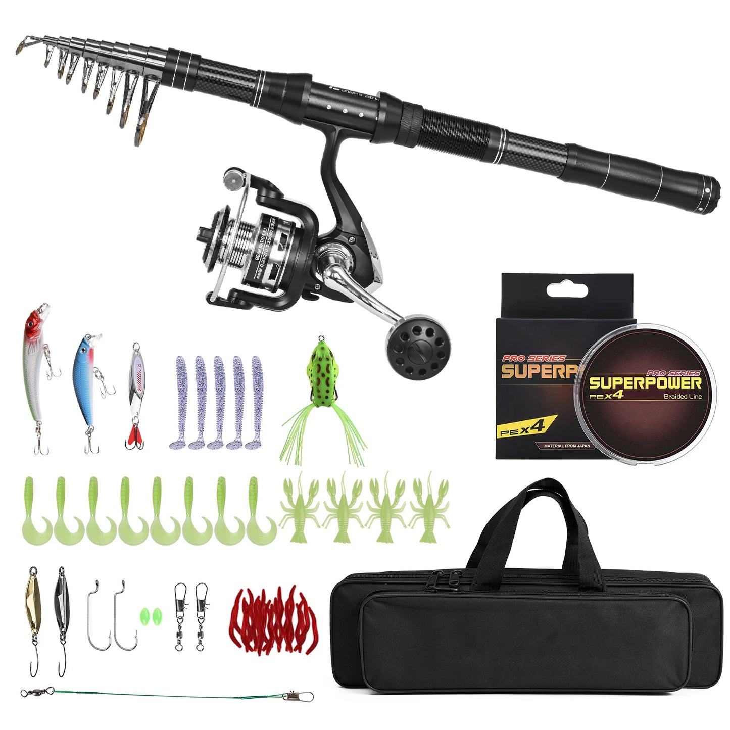 Telescopic Fishing Rod And Reel Kit With Lures Carry Bag