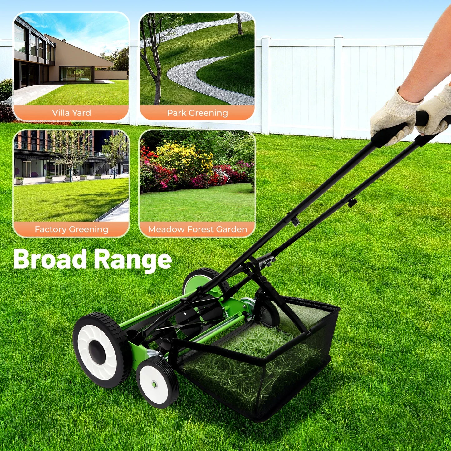 16 Inch Manual Push Reel Lawn Mower 5-Blade Cordless Lawn Mower with 4 Wheels and Removable Grass Catcher for Home Garden Yard