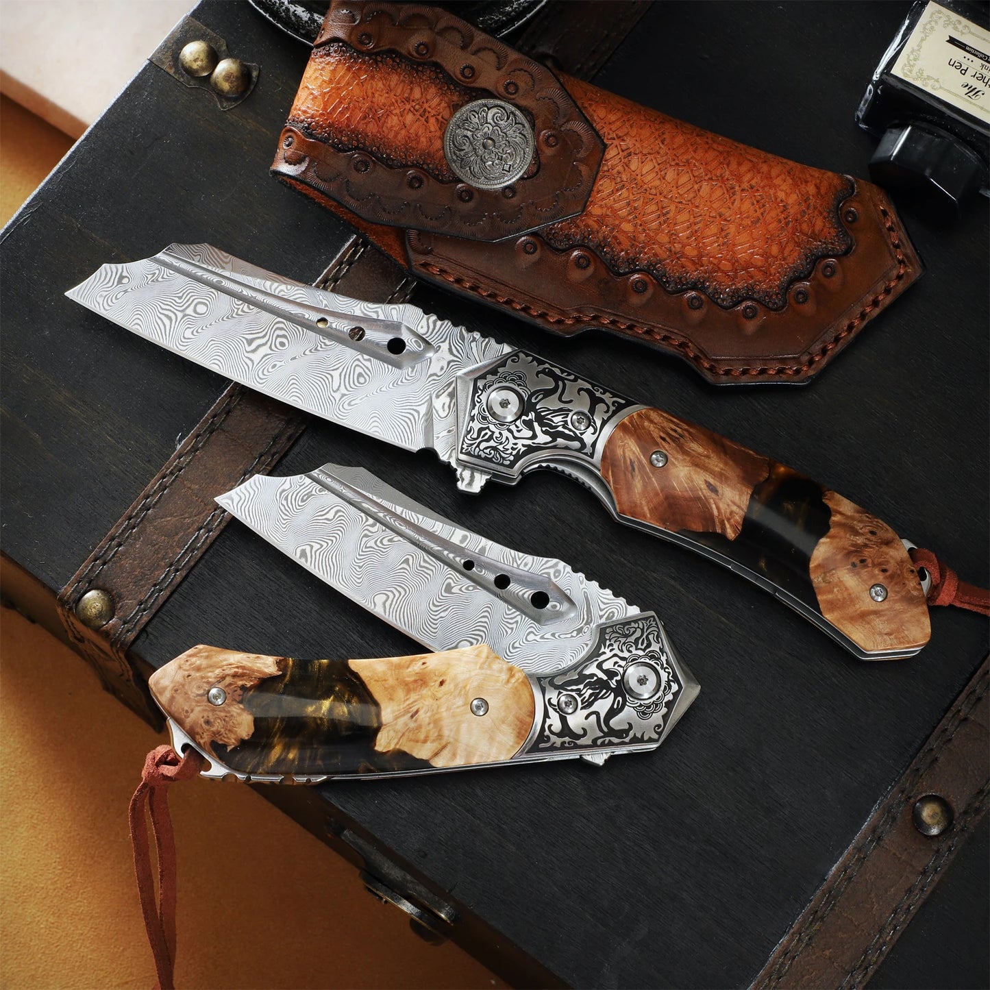 Damascus Steel Pocket Folding Knife With Resin Maple Handle