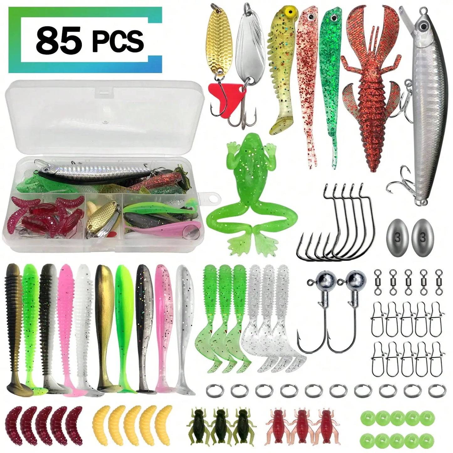 85Pcs Fishing Lure Set With Box Soft Baits Spoon Baits Hooks Hard Baits