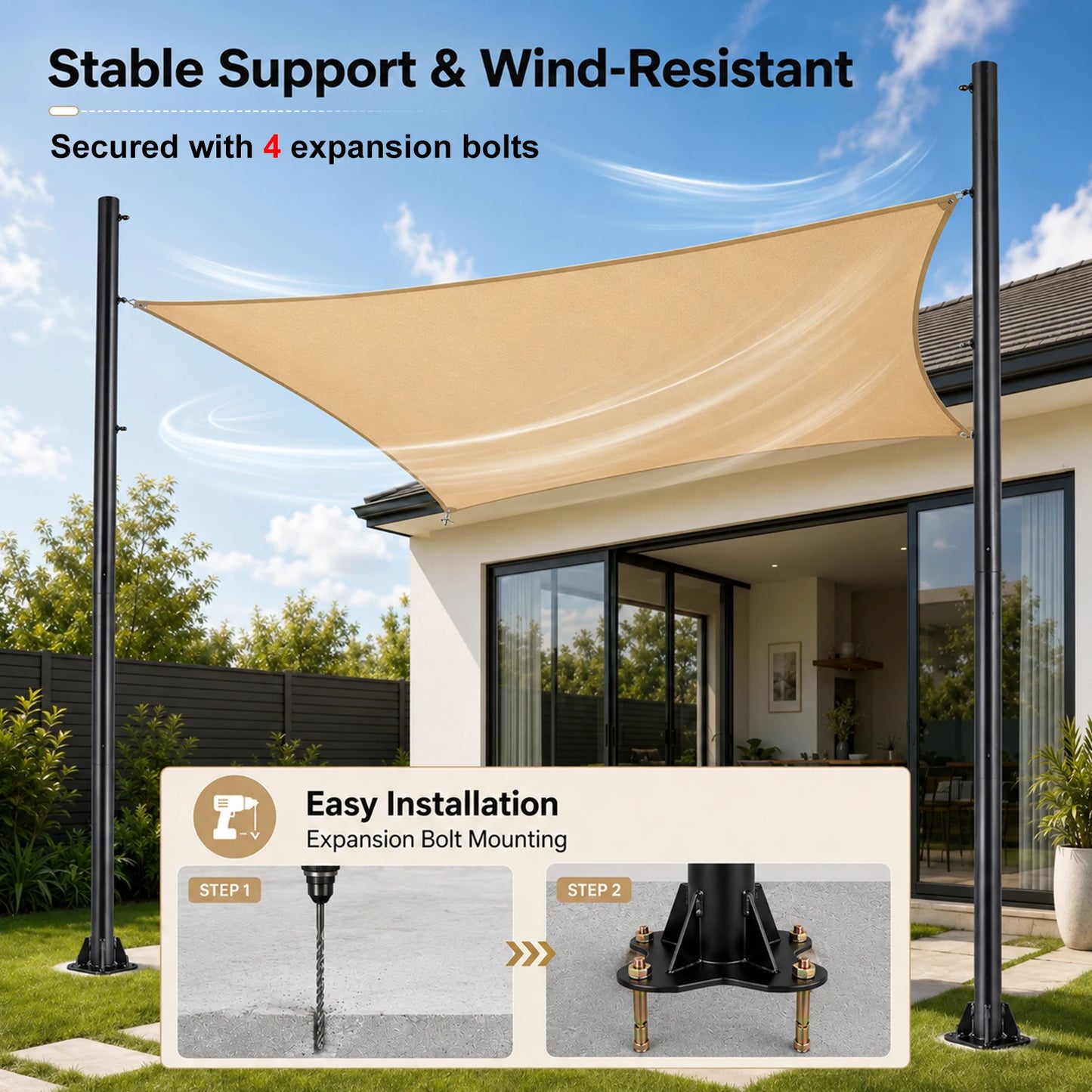 Sun Shade Poles | Rust Proof Thickened 10ft Diameter 2.3in Steel Post | Canopy Support Poles with Carabiner Hooks | for Outdoor Patio Garden Backyard Balcony Camping